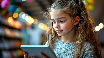 Young girl using tablet in a colorful library setting - Powered by Adobe