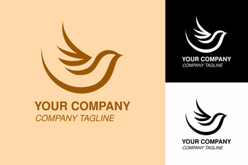 minimalist logo design featuring a stylized bird in flight, presented in various color schemes.