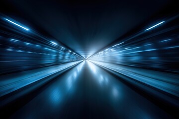 Abstract futuristic motion blur of blue lights in dark tunnel symbolizing high-speed train travel and advanced business logistics transportation concept