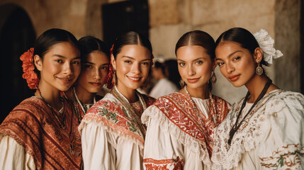 captivating portrait of matching models dressed in traditional national costumes showcasing vibrant colors and