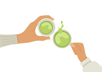 People's hands with celery juice. They clink glasses.