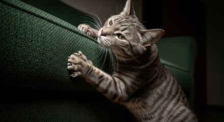 Tabby cat scratching a green sofa, displaying natural pet behavior and potential furniture damage, highlighting pet ownership challenges.

