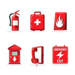 Emergency Preparedness Icons Fire Extinguisher, First Aid Kit & Exit Sign for Safety and Prevention
