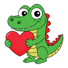 Fototapeta premium A friendly crocodile gently holding a big red heart vector illustration