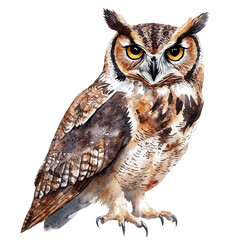 A hand-drawn illustration painting of an owl bird in soft watercolor style, featuring delicate brush strokes, isolated on a white background, artistic, painted design, EPS format
