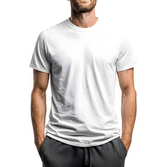 Obraz premium A man wears a clean white tshirt showcasing apparel design mockups or presenting casual fashion against a stark background, transparent background