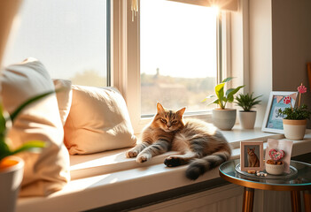 Naklejka na ściany i meble Adorable cat relaxing on cozy windowsill decorated with festive International Cat Day elements, surrounded by natural light, indoor plants, and warm home ambiance