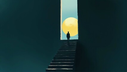 A minimalistic surreal digital painting of a lone figure standing at the edge of a futuristic staircase under a glowing yellow sphere, set against an ultramarine gradient background with sharp lines a