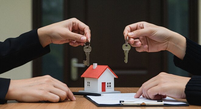 Real estate transaction Hands exchanging house keys over a contract