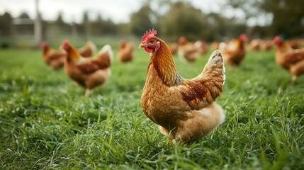 A Proud Chicken Stands in Lush Green Grass with Other Chickens in Background