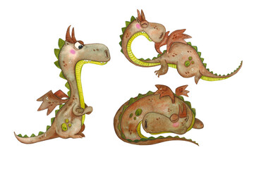 Set with fairy tale dragons. Watercolor illustration hand drawn, cartoon. Drawing for stickers, print, posters, children's books. Fairy tale, story, hero, knight, dragon, princess, dinosaur, boy, kids