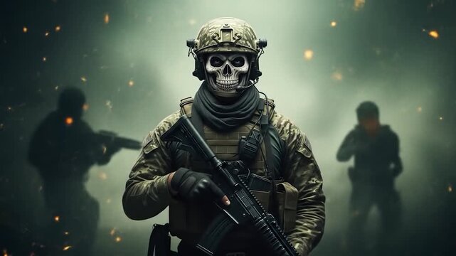 Skull masked soldier action combat military weaponry footage