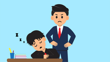 Office Worker Sleeping at Desk While Angry Boss Watches, Cartoon Vector About Workplace Discipline