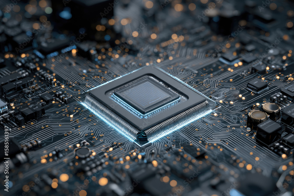Fototapete concept of nanotechnology or artificial intelligence, graphic of electronic pattern or motherboard CPU created as background or element decoration