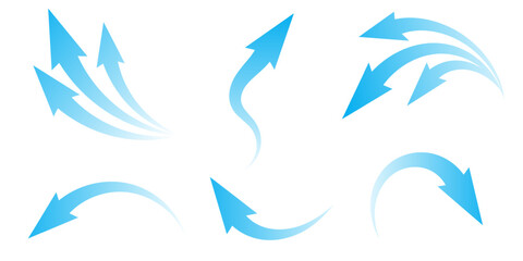 Air flow. Set of blue arrows showing direction of air movement. Wind direction arrows. Blue cold fresh stream from the conditioner.