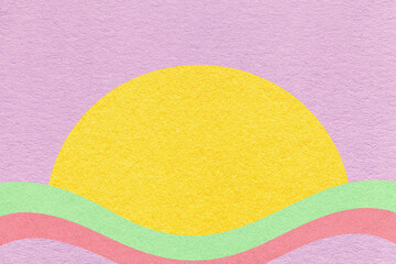 Purple textured paper background with yellow circle for copy space and pink green waves for banner, presentation