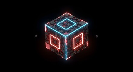 Obraz premium Futuristic Glowing Cube with Neon Red and Blue Lines Against a Black Background