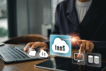 Business professional interacts with IaaS cloud interface, showcasing modern technology in a...