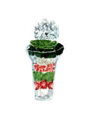 A glass of green tea strawberry parfait with puppy character ice cream