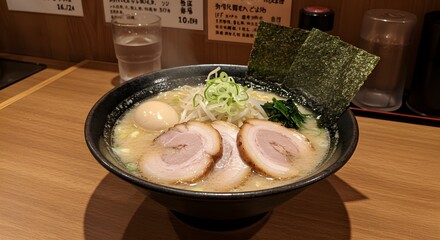 Delicious Japanese Ramen Noodles Soup: Chashu Pork, Egg, Spring Onions, Seaweed