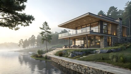 Fototapeta premium Modern Lakefront Home with Wooden Deck and Serene Natural Surroundings