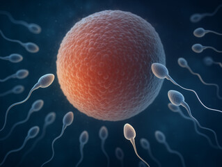 Male reproductive cells trying to get to the female egg. Sperm going for the egg. Sperms on the way to egg cell. Male reproductive sperm entering the egg. 