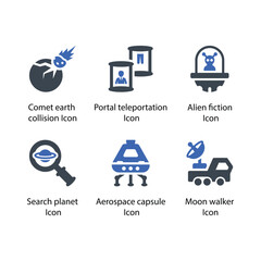 Comet collision, Portal teleportation, Alien fiction, Search planet, Aerospace capsule, Moon walker, icon