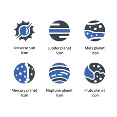 Universe sun, Jupiter planet, Mars planet, Mercury planet, Neptune planet, Pluto planet, icon