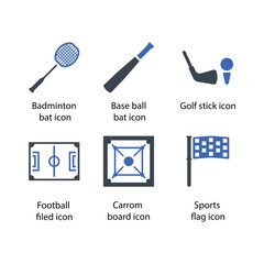 Badminton bat, Baseball bat, Golf stick, Football filed, Carrom board, Sports flag, icon