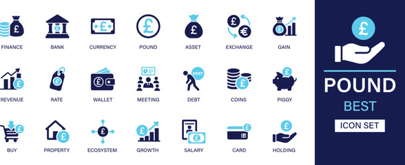 Pound icon set collection. Finance, bank, currency, asset, exchange, gain, revenue, rate, wallet, meeting, coins, piggy and best solid icon set.