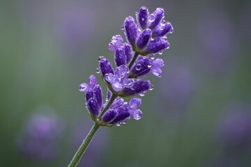 Obraz premium Close-up of lavender flower with dew drops on blurred green background