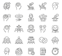 Fototapeta premium Collection of Line Art Icons Depicting Various Mental States, Including Sadness, Anxiety, and Positive Mindset