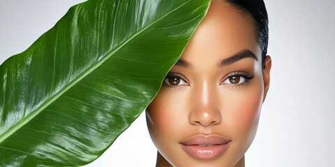 Beautiful Woman with Radiant Skin Posing in Lush Greenery, Embracing Natural Beauty and Wellness