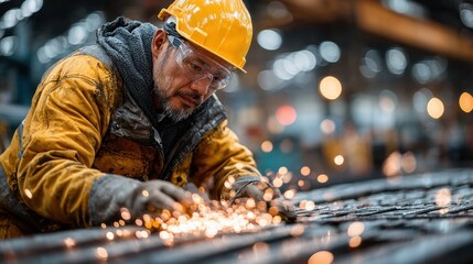 Elderly asian male working in industrial setting with safety gear and sparks