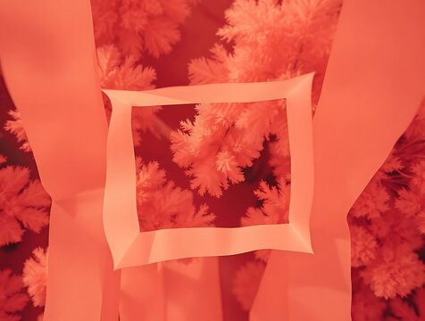 Abstract arrangement of paper and floral elements in a monochromatic red palette