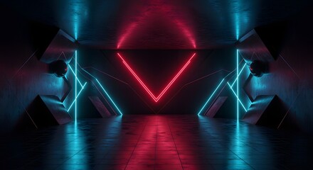 Futuristic Interior Space with Symmetrical Neon Lights in Vibrant Colors and Dark Background
