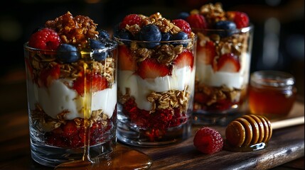 Greek Yogurt Parfait Layered with Fresh Berries, Granola and Honey perfect for healthy breakfast menus and nutrition blog features
