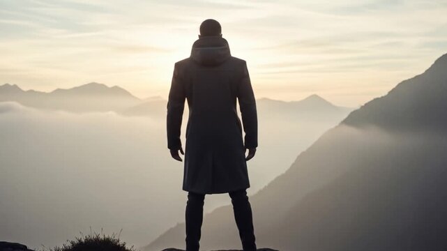 Man in coat contemplates mountain range at sunrise in outdoor nature
