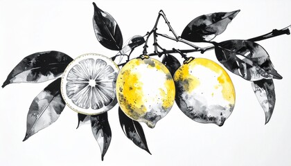 墨絵のレモンと断面の構図