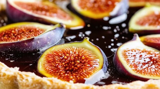 A close-up shot of a pie with figs on top, ideal for food-related uses or as a decorative element