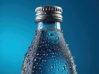 Close-up of a bottle covered in water droplets. Perfect for refreshment, beverage, and commercial use. Ideal for websites, banners and print media.