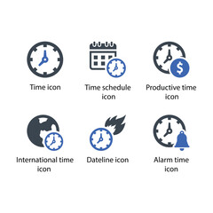 Time, Time schedule, Productive time, International time, Dateline, Alarm time, icon