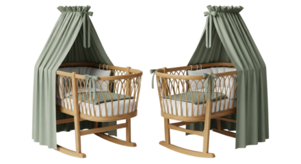 Two delightful baby cradles with green canopies set against a stark black backdrop for nursery design inspiration, transparent background