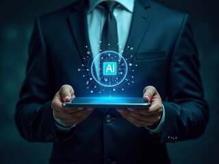 Artificial intelligence innovation in business technology, businessman holding tablet with digital AI interface hologram