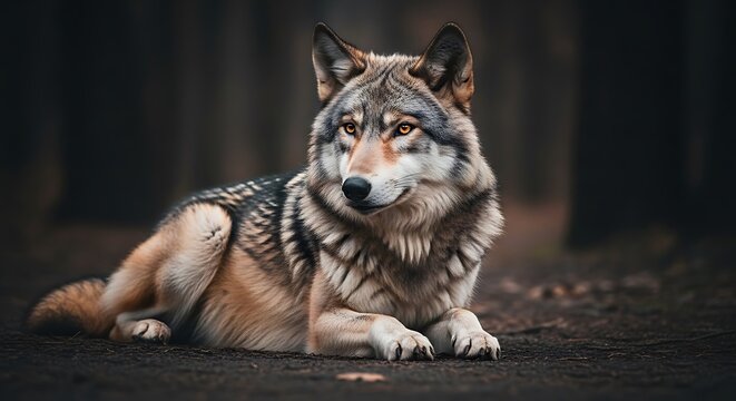 Resting Wolf Lying Down in Forest Ground Looking Aside - Powered by Adobe