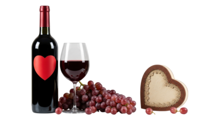 A romantic still life showcases red wine, fresh grapes, and a heart shaped box against a dark backdrop, perfect for Valentines celebrations, transparent background