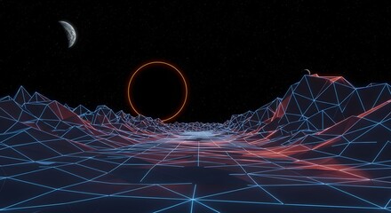Abstract Digital Landscape Featuring Geometric Patterns Under a Starry Sky with Celestial Bodies