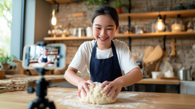 Young girl joyfully kneading dough in a bright kitchen setting, showcasing cooking skills and family-friendly activities in a home environment