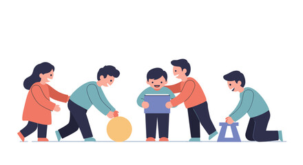 Fototapeta premium Cartoon children cooperating on task in clean design