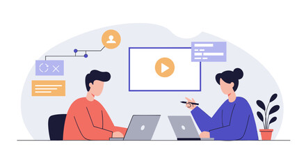 Team huddle cooperation in flat vector style